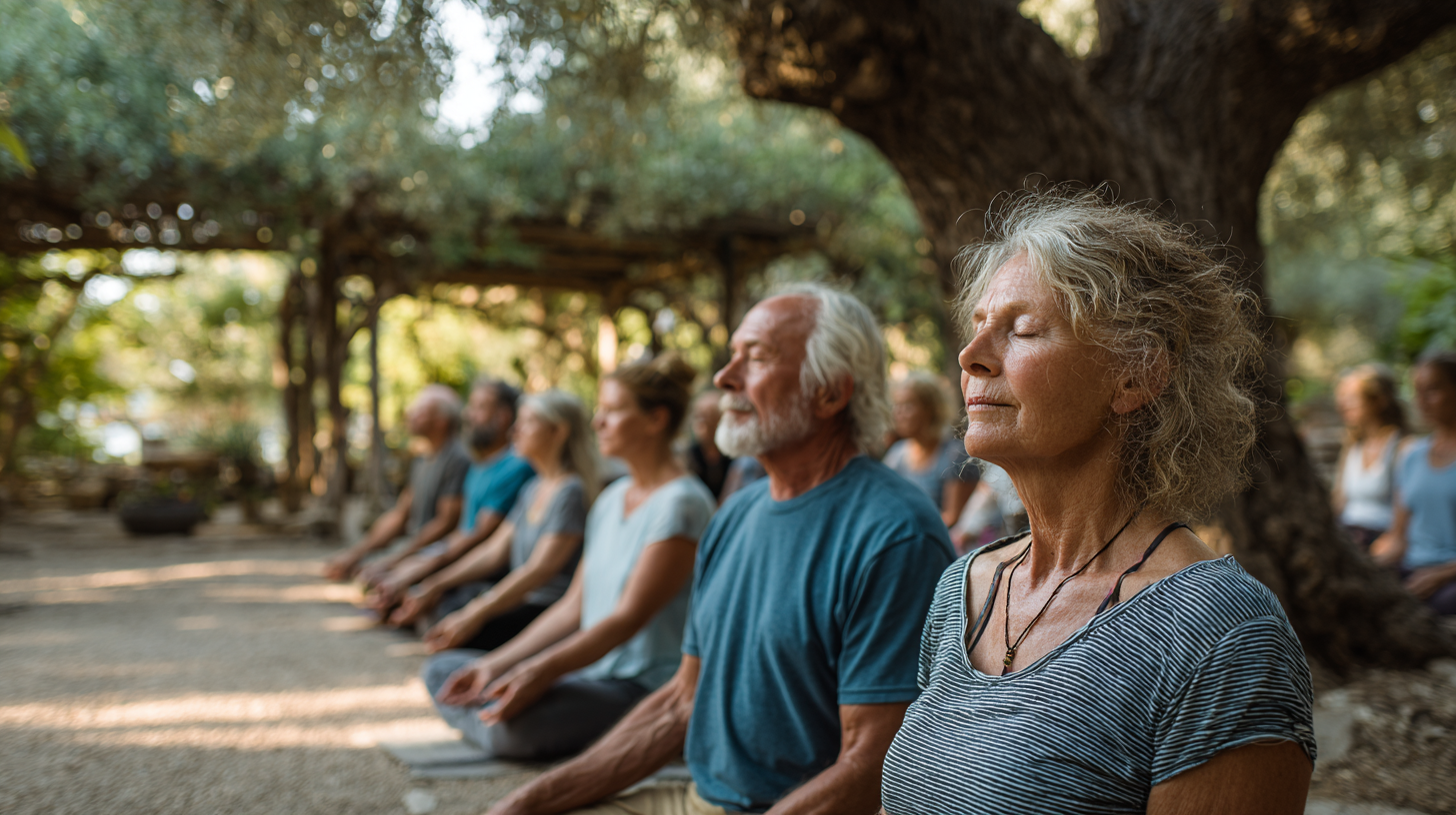 Grup de prieteni mature practicând yoga împreună